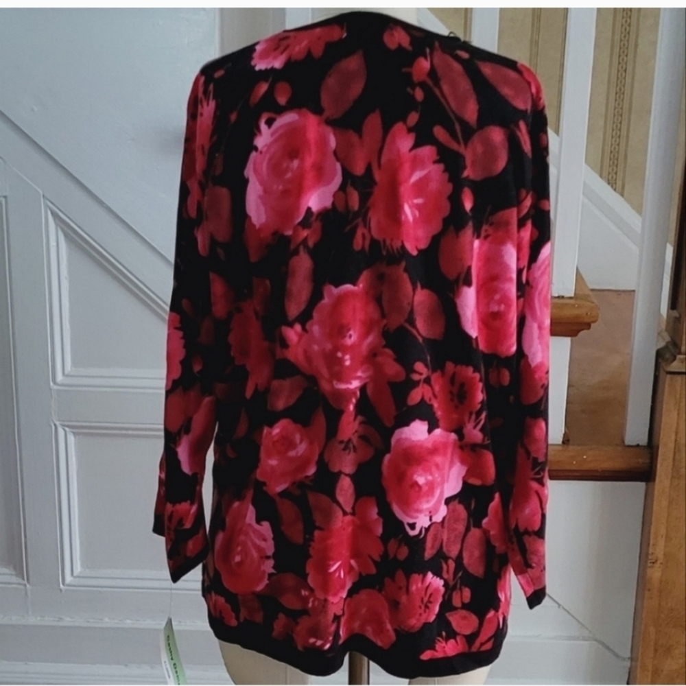 CATHY DANIELS Sweater Longsleeve Red Black Floral Sweater Top Size XL - Picture 2 of 5